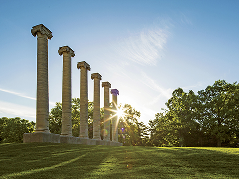 The Columns on Francis Quadrangle are backlit by the setting sun