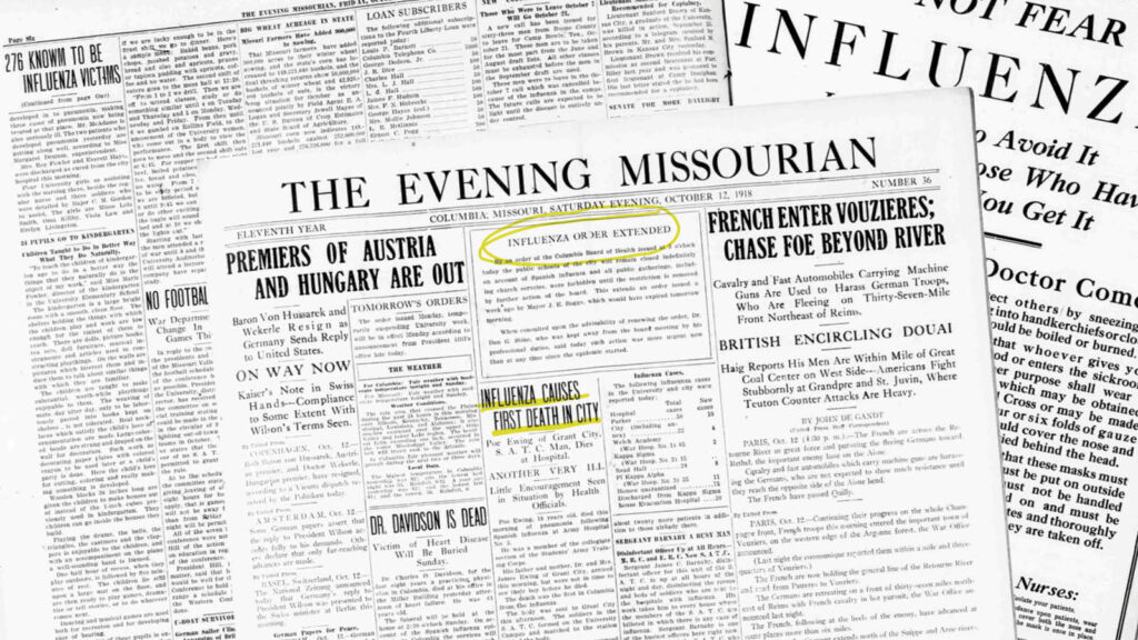 Collage of old copies of The Evening MIssourian. Highlighted headlines include 
