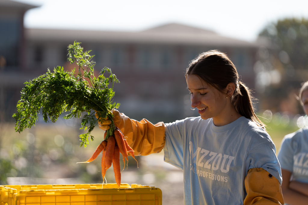 A student wearing a Health Professions T-shirt smiles as she puts a batch of freshly washed carrots into a crate