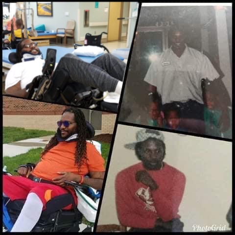 Collage of photos of a man in a wheelchair contrasted with photographs of the patient as a young man, pre-injury